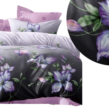 Pościel 200x220 Bawełna satynowa fioletowa we wrzosy PK732 z PRZEŚCIERADŁEM